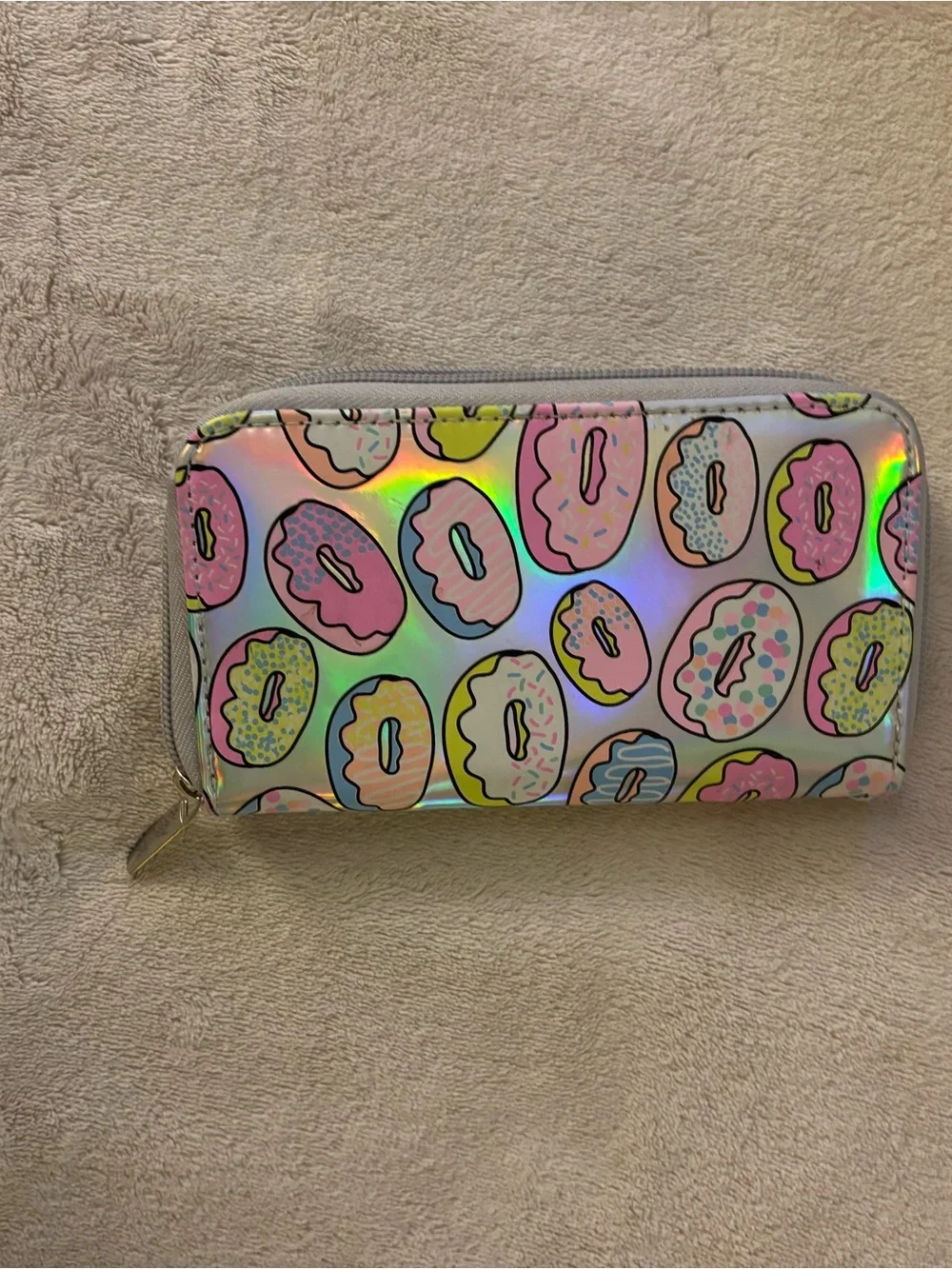 Holographic Donut Pattern Phone Wallet Case - Pink/Green